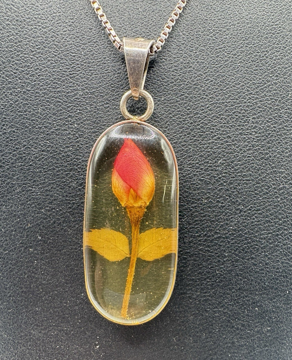 Vintage Real Flower Rose Bud 925 Pendant Necklace 18” Sterling Silver Chain 6.5g